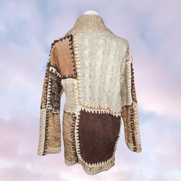 Vintage Cardigan Boho Patchwork Leather Acrylic 70's Chunky Knit Ugly Sweater M - Picture 5 of 6